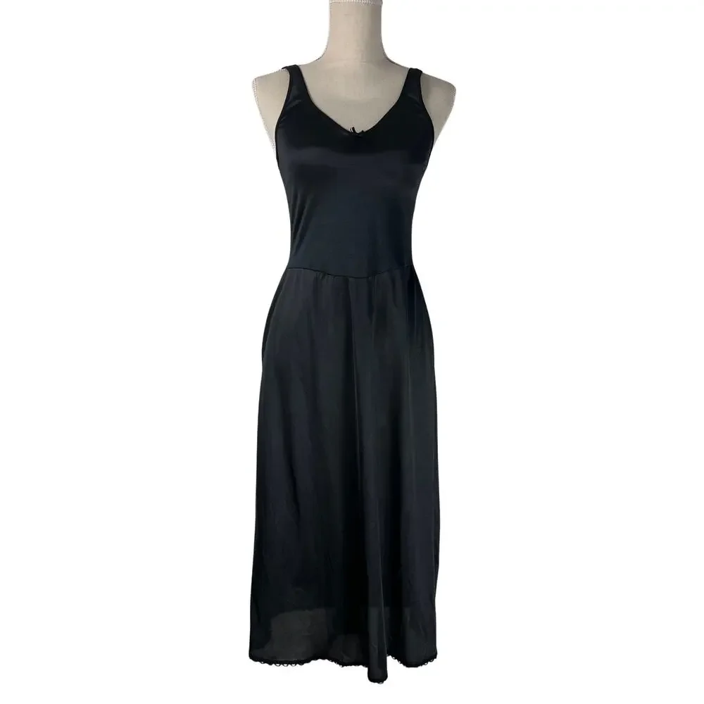 Vintage Warner’s Black Nylon Slip Dress 36 Perfect Measure Midi Nightgown - Picture 1 of 7
